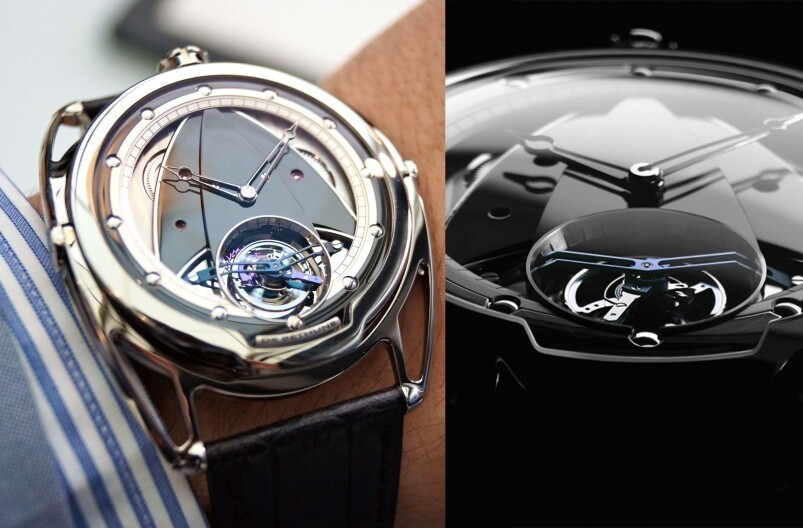 這枚De Bethune DB 28 Tourbillon擁有複雜的陀飛輪功能，中央的灰色箭形夾板前衛獨特