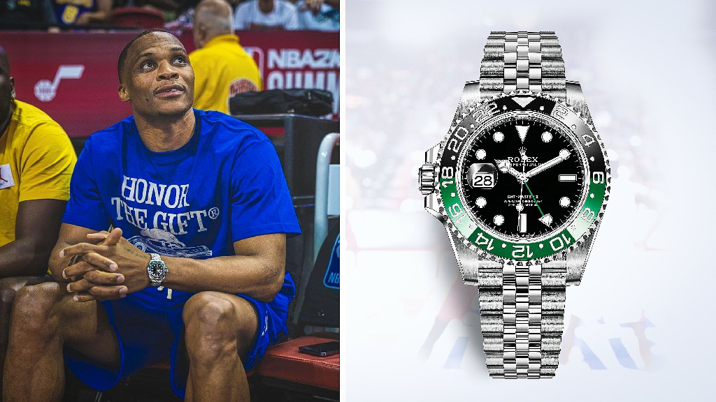 观看 Spotting Whoa – Russell Westbrook 佩戴劳力士 GMT-Master II（“左撇子”GMT）参加 NBA 夏季联赛