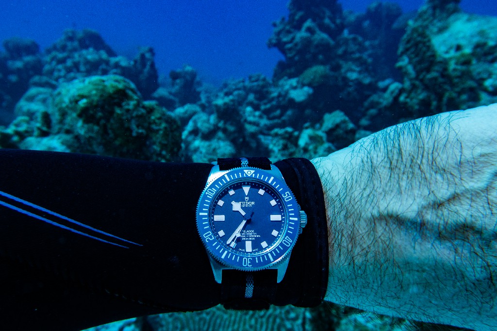 一位男士在水下佩戴帝舵 Pelagos FXD。